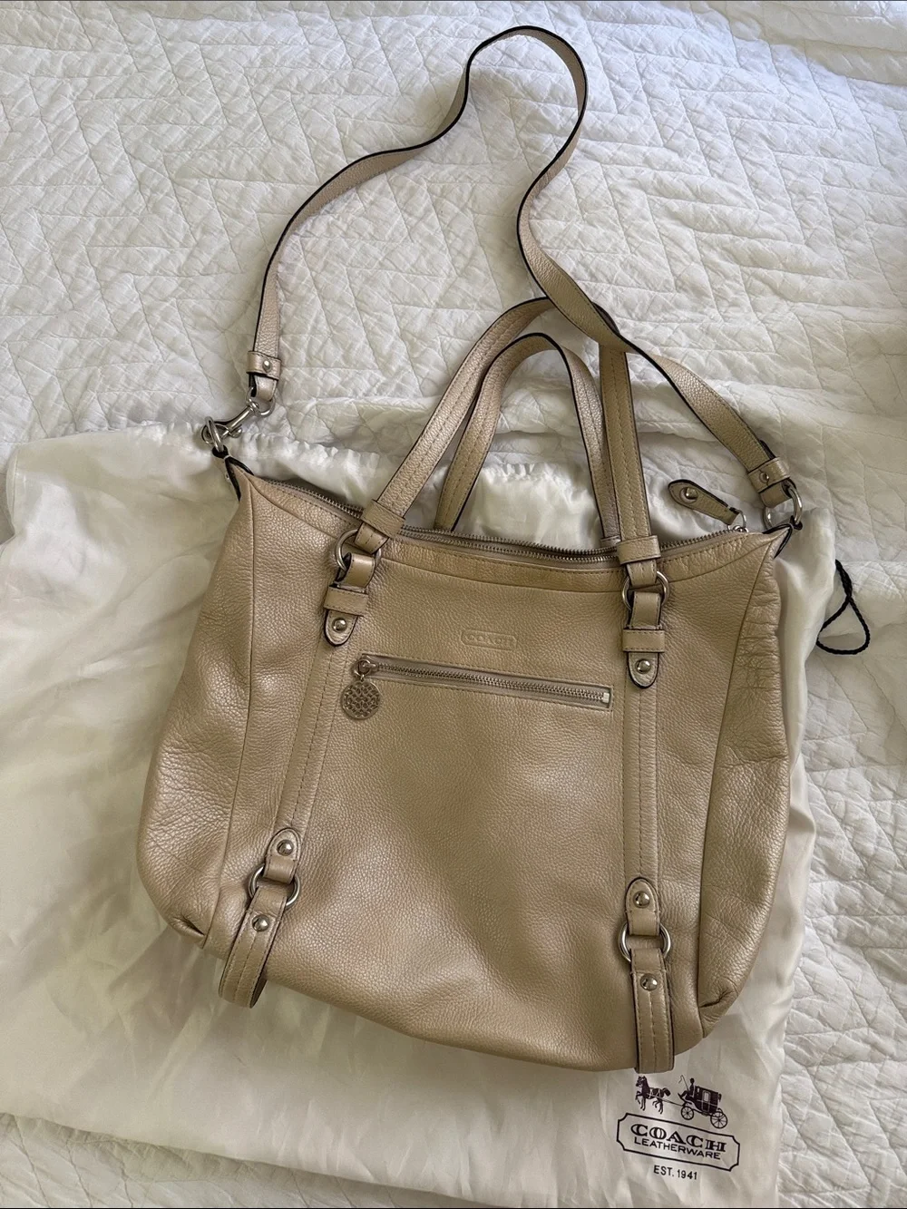 Vintage Coach Leather Taupe Tote with Detachable Strap